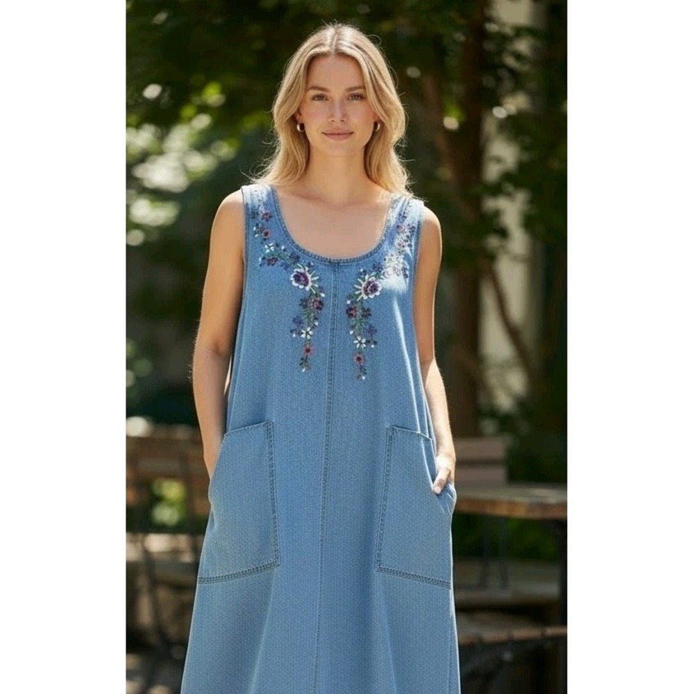 Jane Ashley Nepal Size Med Denim A-Line Mid Shirt Dress Embroidery Vintage